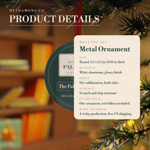 May include: A round white aluminum metal ornament with a glossy finish, measuring 3.5 by 3.5 inches and 0.03 inches thick. The ornament features dye sublimation printing on both sides, is scratch and chip resistant, and includes a red ribbon.