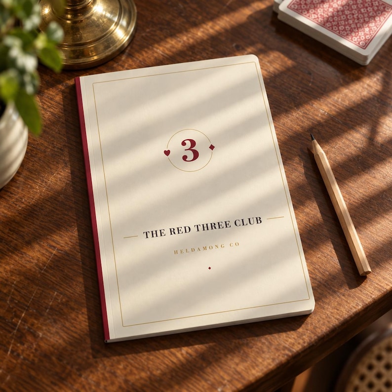 May include: A cream-colored notebook with a red spine featuring the number 3 inside a circle, the text THE RED THREE CLUB, and HELDAMONG CO. The cover has a thin gold border and a small red diamond and heart icon flanking the number 3.