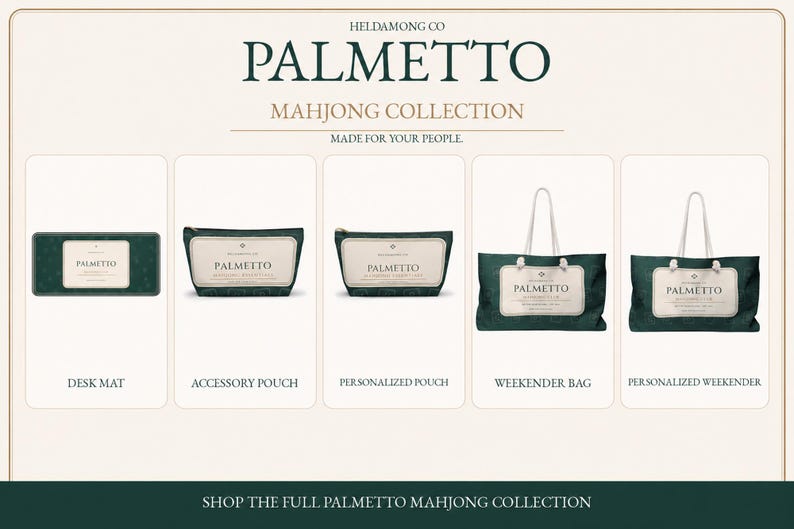 May include: A collection of dark green items from the Palmetto Mahjong Collection, including a rectangular desk mat, two zippered accessory pouches, and two large weekender bags with white rope handles, all featuring the Palmetto brand label.