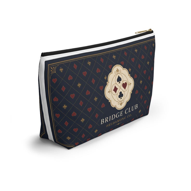 Navy Bridge Club Accessory Pouch, Antique Brass Detail, Card Game Organizer (Large T-Bottom) image 10