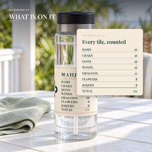 Puede incluir: Una botella de agua de pl&aacute;stico transparente con tapa negra y etiqueta beige que muestra el texto THE AMERICAN SET, Every tile, counted, y una lista de fichas de Mahjong: BAMS 36, CRAKS 36, DOTS 36, WINDS 16, DRAGONS 12, FLOWERS 8, JOKERS 8, TOTAL 152.