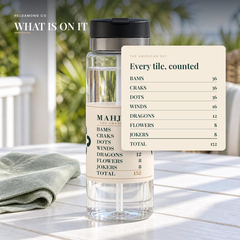Puede incluir: Una botella de agua de pl&aacute;stico transparente con tapa negra y etiqueta beige que muestra el texto THE AMERICAN SET, Every tile, counted, y una lista de fichas de Mahjong: BAMS 36, CRAKS 36, DOTS 36, WINDS 16, DRAGONS 12, FLOWERS 8, JOKERS 8, TOTAL 152.