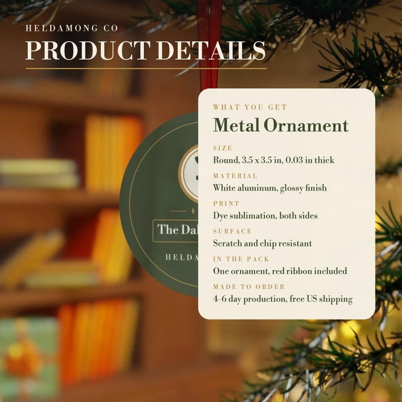 May include: A round white aluminum metal ornament with a glossy finish, featuring a green design and the text The Dal. The ornament measures 3.5 by 3.5 inches and 0.03 inches thick, includes a red ribbon, and has a scratch and chip resistant surface.