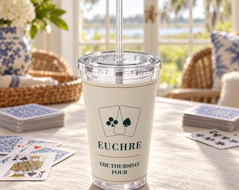 Vaso personalizado para Euchre, nombre del club personalizado, vaso acrílico de 473 ml con pajita, regalos para Euchre