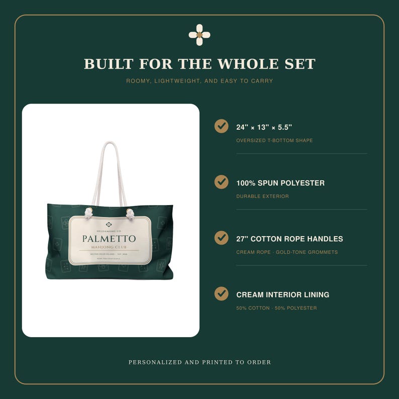 Pode incluir: Uma bolsa tote verde-escura com uma etiqueta retangular branca com o texto Palmetto Mahjong Club. Possui al&ccedil;as de corda de algod&atilde;o creme de 68,58 cm com ilh&oacute;s dourados, base em T de 60,96 x 33,02 x 13,97 cm e forro interno na cor creme.