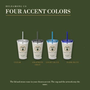 May include: Four clear plastic tumblers with lids and straws in clear, graphite grey, light blue, and dark blue. Each cup features a circular logo with a plant icon and the text GARDEN CLUB 1998 The Dahlia Society printed in dark ink.