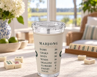 Vaso para contar fichas de Mahjong, vaso acrílico de 473 ml con pajita, regalo para noches de juegos.