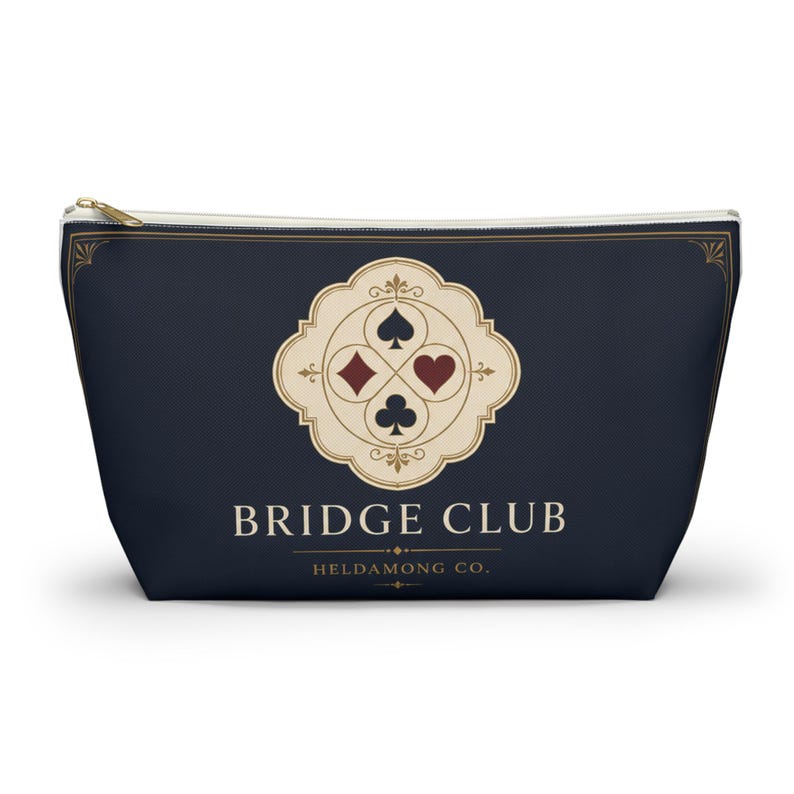 Navy Bridge Club Accessory Pouch, Antique Brass Detail, Card Game Organizer (Large T-Bottom) image 13
