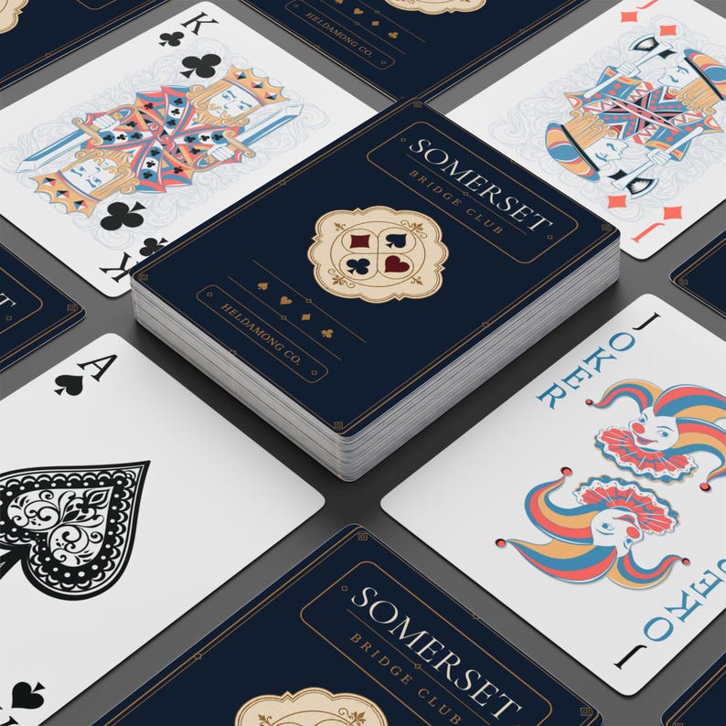 Baraja de cartas de bridge personalizada, con nombre de club personalizado, regalo navideño azul marino. imagen 10