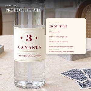 May include: A clear 20 oz Tritan water bottle with a straw and a label featuring the number 3, the text CANASTA, and THE THURSDAY FOUR. The label includes product details stating a 20 fl oz capacity, BPA-free material, and 9.53 inch height.