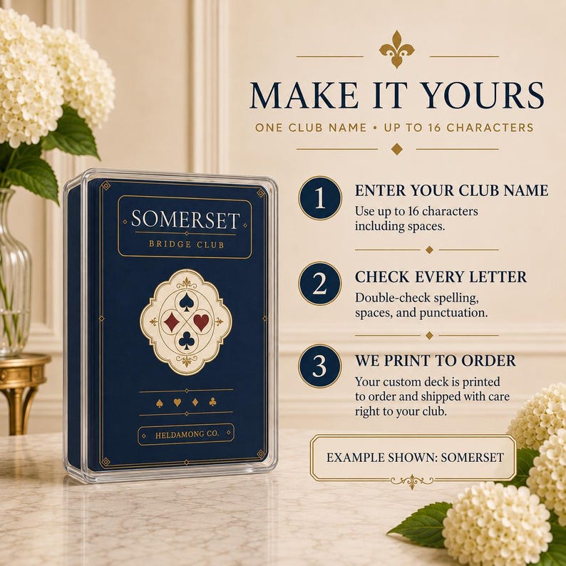 Puede incluir: Una baraja de cartas personalizada en una caja de pl&aacute;stico transparente. La caja azul oscuro presenta texto dorado que dice SOMERSET BRIDGE CLUB y HELDAMONG CO., con un emblema central de los cuatro palos. Las instrucciones explican el proceso.