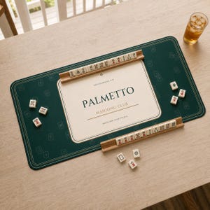 May include: A rectangular dark green mahjong mat with a cream-coloured centre featuring the text PALMETTO MAHJONG CLUB. Two wooden tile racks hold white mahjong tiles with red and black characters. Loose tiles are scattered on the mat surface.