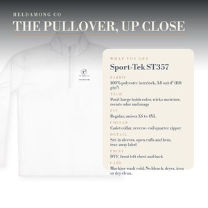 Puede incluir: Un su&eacute;ter blanco con cremallera de un cuarto, cuello tipo cadet y cremallera invertida. La prenda tiene un peque&ntilde;o logotipo en el pecho izquierdo. Un cuadro superpuesto detalla el producto: Sport-Tek ST357, tejido 100% poli&eacute;ster interlock, 110 g/m2, tecnolog&iacute;a PosiCharge e instrucciones de cuidado.