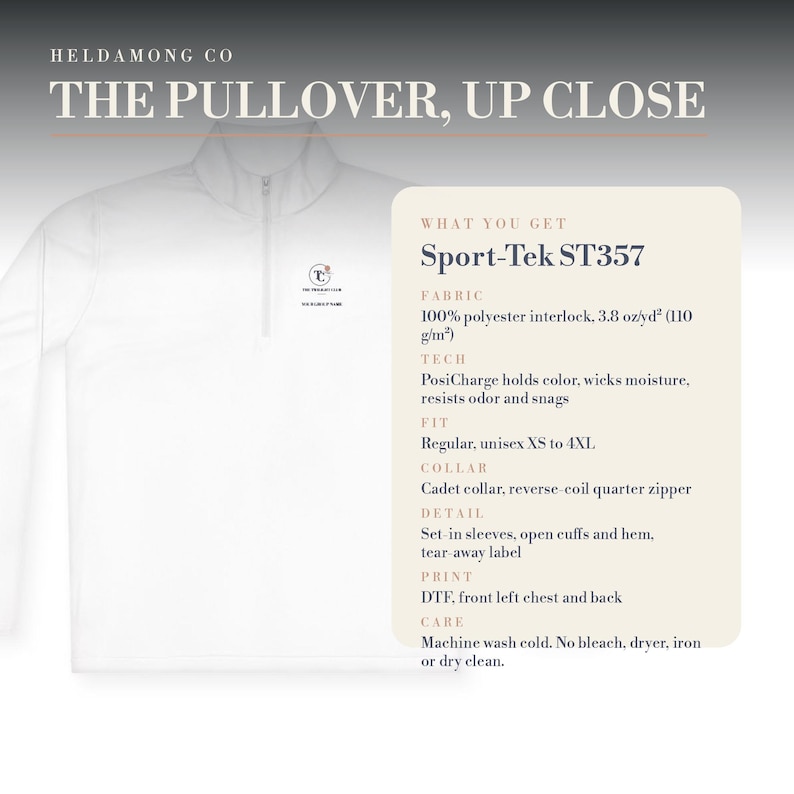 Puede incluir: Un su&eacute;ter blanco con cremallera de un cuarto, cuello tipo cadet y cremallera invertida. La prenda tiene un peque&ntilde;o logotipo en el pecho izquierdo. Un cuadro superpuesto detalla el producto: Sport-Tek ST357, tejido 100% poli&eacute;ster interlock, 110 g/m2, tecnolog&iacute;a PosiCharge e instrucciones de cuidado.