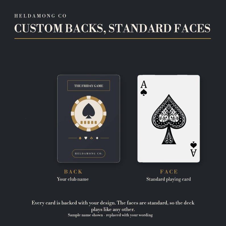 May include: A deck of playing cards featuring custom backs and standard faces. The back design is dark blue with a gold poker chip graphic and the text THE FRIDAY GAME and HELDAMONG CO. The face shows a standard Ace of Spades in black and white.