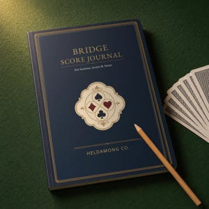 May include: A dark blue Bridge Score Journal with gold lettering and a central emblem featuring the four card suits. The cover text reads BRIDGE SCORE JOURNAL, For Sessions, Scores & Notes, and HELDAMONG CO. A wooden pencil lies across the cover.