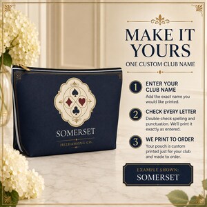 Peut inclure: Une pochette zipp&eacute;e bleu marine avec un embl&egrave;me cr&egrave;me orn&eacute; des quatre symboles de cartes &agrave; jouer. Le texte indique SOMERSET HELDAMONG CO. avec des instructions pour une impression personnalis&eacute;e, incluant MAKE IT YOURS et des &eacute;tapes num&eacute;rot&eacute;es.