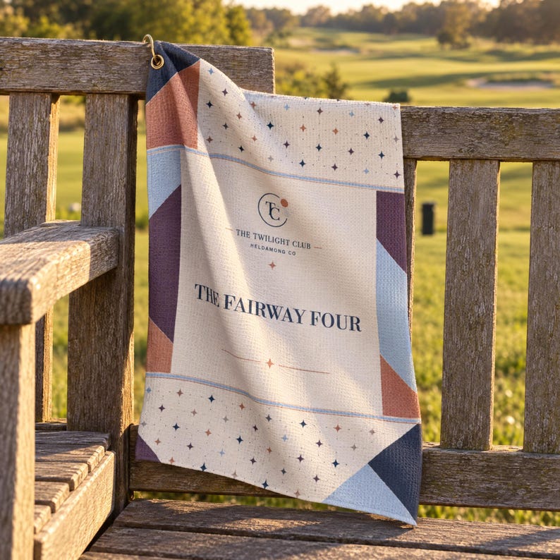 May include: A rectangular golf towel featuring a cream-colored center with the text The Twilight Club Heldamong Co and The Fairway Four in dark blue. The border displays a geometric pattern of stars and triangles in shades of blue, rust, and navy.