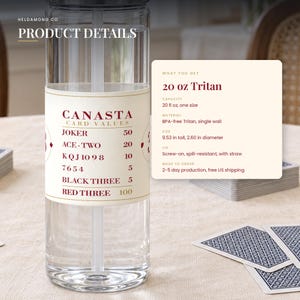 Canasta Card Values ​​Chart vattenflaska, 20 oz tritan med sugrör, spelarpresent bild 6