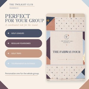 May include: A rectangular golf towel featuring a geometric pattern with cream, navy, terracotta, and light blue colors. The center displays the text THE TWILIGHT CLUB HELDAMONG CO and THE FAIRWAY FOUR. The towel includes a gold metal grommet.