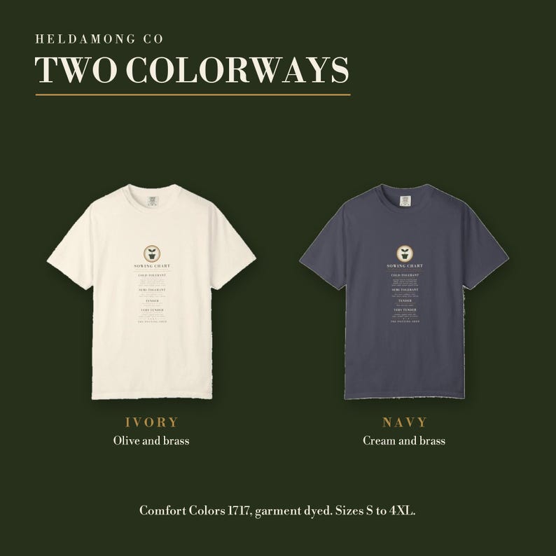 Puede incluir: Dos camisetas de manga corta, una de color marfil y otra azul marino, cada una con un gr&aacute;fico central con un icono de planta y el texto SOWING CHART. La camiseta marfil tiene texto en oliva y lat&oacute;n, la azul marino en crema y lat&oacute;n. Incluye el texto HELDAMONG CO.