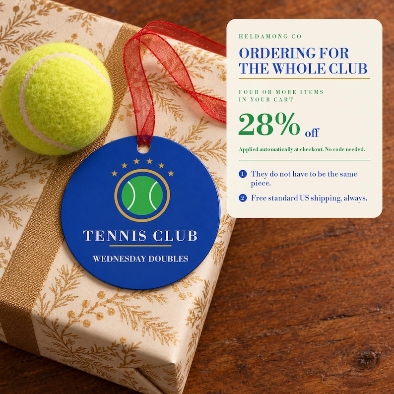 Personalisierter Tennis-Weihnachtsschmuck, individueller Vereinsname, Geschenk für Tennisteams, zweiseitiger Metallschmuck, Geschenk für Tennisspieler Bild 5