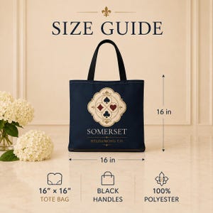 May include: A navy blue tote bag with black handles, featuring a central cream-coloured emblem with four playing card suits. Text reads SIZE GUIDE, SOMERSET, HELDAMONG CO., 16 in x 16 in, and 100% POLYESTER. Dimensions are marked as 16 inches by 16 inches.