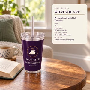 Personalized Book Club Tumbler with Straw, Custom Club Name 16 oz Acrylic Cup, Book Lover Gift image 4