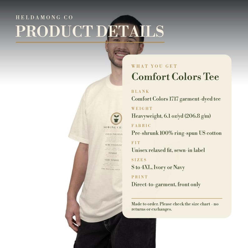 Puede incluir: Una camiseta de manga corta color marfil con un peque&ntilde;o gr&aacute;fico circular que muestra un icono de planta y texto. Un cuadro superpuesto enumera los detalles del producto: camiseta te&ntilde;ida Comfort Colors 1717, 206,8 g/m, 100% algod&oacute;n hilado en anillo.