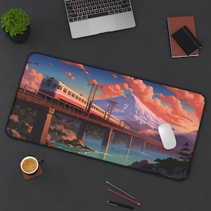 Japan Train Mountain Views | Anime Desk Mat, Japanese Desk Mat, Japandi, Anime Mouse Pad, Gaming Mouse Pad, Gaming Desk Mat, Kawaii Desk Mat