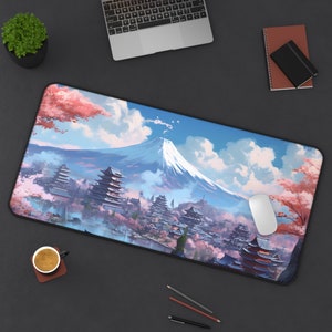 Cherry Blossom City Scape | Anime Desk Mat, Japanese Desk Mat, Japandi, Anime Mouse Pad, Gaming Mouse Pad, Gaming Desk Mat, Kawaii Desk Mat
