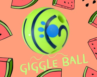May include: A green and black textured ball with a blue paw print and the text "GIGGLE BALL".