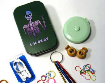 Knitter's Tool Kit Tin, Skeleton Goth Knit Gift, Knitter Survival Kit, Knitter's Travel Kit, Crochet Travel Kit, Knit or Crochet Notions Set