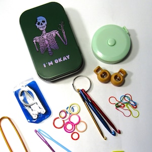 Knitter's Tool Kit Tin, Skeleton Goth Knit Gift, Knitter Survival Kit, Knitter's Travel Kit, Crochet Travel Kit, Knit or Crochet Notions Set