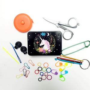Knitter&#39;s Tool Kit Unicorn and Black Tin, Knitter&#39;s Survival Kit Gift, Knit or Crochet Travel Kit, Knit and Crochet Notions Set