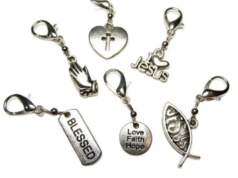 Christian Stitch Markers With Lobster Clasps, Set of 6 Religious Themed