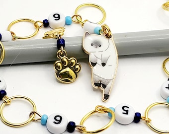 Siamese Cat Snag-Free Knitting Row Counter, Chain Row Counter Gift for Knitter, Siamese Kitty Knitting Gift, Knit Gift for Cat Lover in Blue