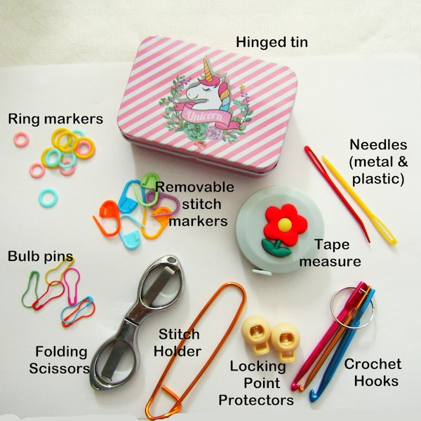 Knitter's Tool Kit Tin, Unicorn Tin, Knitter's Survival Kit, Knitter's Travel Kit, Crochet Travel Kit, Knit and Crochet Notions Set