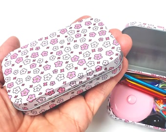 Knitter's Tool Kit Tin with Pink Flowers, Knitter's Survival Kit Gift, Knit or Crochet Travel Kit, Knit and Crochet Notions Set