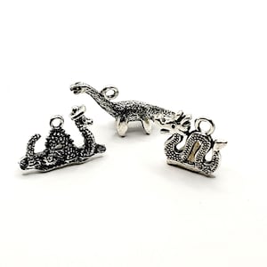 May include: Three silver-colored charms in the shape of mythical creatures. One charm is a long-necked dinosaur, another is a sea serpent, and the third is a dragon. Each charm has a loop for attaching to a necklace or bracelet.