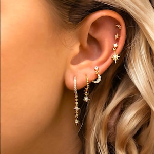 Juego de pendientes de estrella y luna, 6 piezas de pendientes celestiales, aros colgantes de circonita cúbica de oro y plata, pendientes brillantes para uso diario, regalo para ella