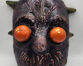 Ember-Eyed Demon Mask Sculpture | Handmade Horror Wall Art, Gothic Decor (Foam Clay)