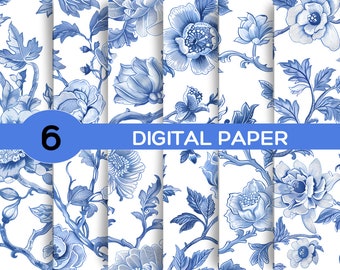 Blue and White Chinoiserie Digital Paper, Seamless Pattern Chinoiserie, Floral Motif, Floral Clipart, Digital Download, Seamless Floral