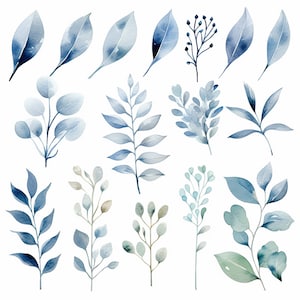 ClipArt di foglie di fogliame verde e argento - PNG botanico dell'acquerello, invito a nozze, artigianato, clipart primaverile, botanico, foglie blu