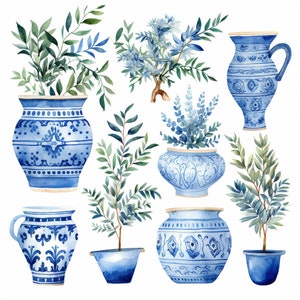 Mediterranean Watercolor Clipart - Olive Tree Clipart - Potted Plant - PNG Clipart - Botanical Clipart - Watercolor Clipart, Foliage