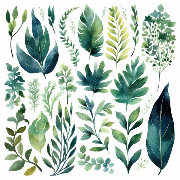 Greenery Foliage Leaves ClipArt Set: 27 images- Watercolor Botanical PNG Digital Files for Wedding Invitations, Scrapbooking and Crafts