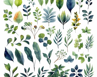 Greenery Foliage Leaves ClipArt Set: 46 images- Watercolor Botanical PNG Digital Files for Wedding Invitations, Scrapbooking and Crafts