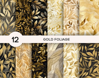 Gold Leaf Digital Paper, Seamless Gold Foliage, Watercolor Foliage, Gold Digital Paper, Printable Paper, Gold Paper, Foliage Seamless