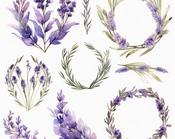 Lavender Accent ClipArt Bundle, 19 items- Watercolor Botanical PNG Digital Files for Wedding Invitations, Scrapbooking and Crafts