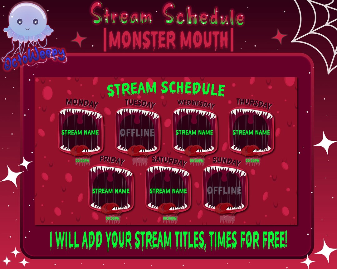 Red Twitch Stream Schedule Weekly Template monster - Etsy